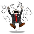 An angry cartoon businessman with blank paper flying around
