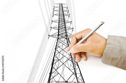Photo: Hand Drawing High voltage power pole line. Hand Drawing High voltage power pole line.