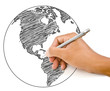 Hand Drawing World Map Globe line on the whiteboard.