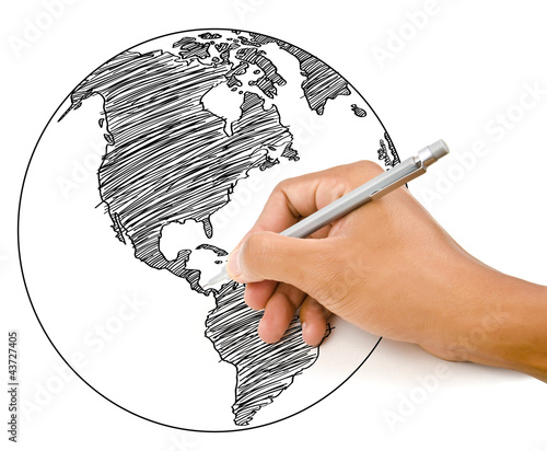 Photo: Hand Drawing World Map Globe line on the whiteboard. Hand Drawing World Map Globe line on the whiteboard.