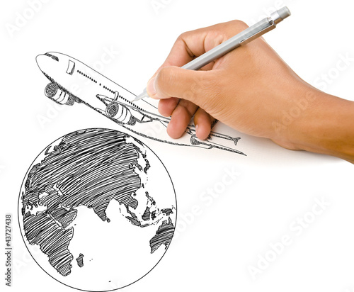 Photo: Hand Drawing Airplane for travel around the world. Hand Drawing Airplane for travel around the world.
