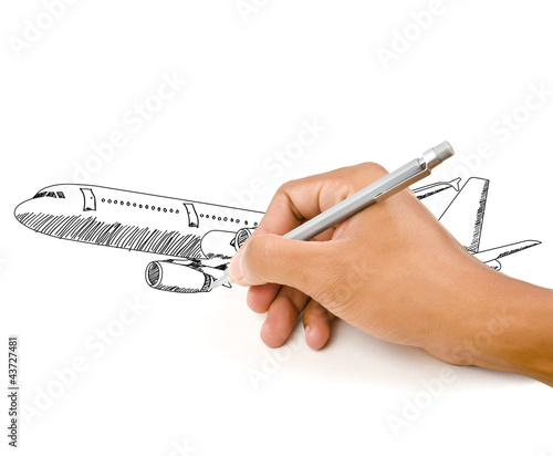 Photo: Hand Drawing Airplane for travel around the world. Hand Drawing Airplane for travel around the world.