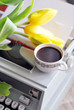 Photo: Tulips, coffee and old typewriter Tulips, coffee and old typewriter