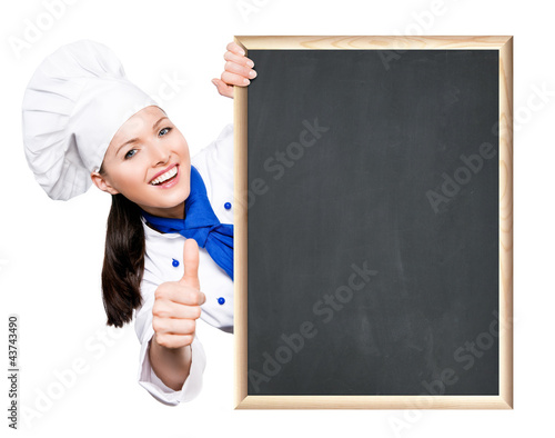 Foto: Köchin mit Kreidetafel Köchin mit Kreidetafel