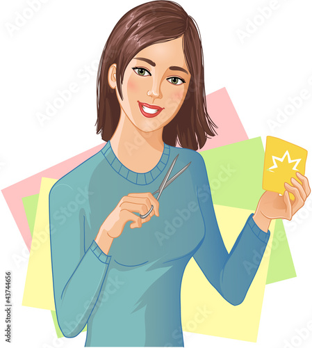 Vektor: Young beautiful girl is cutting color paper with scissors Young beautiful girl is cutting color paper with scissors