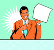 happy advertising man with sheet of paper in a hand in pop art c