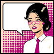 Illustration: Pop Art Business Woman with Speech Bubble. Retro business smiley Pop Art Business Woman with Speech Bubble. Retro business smiley