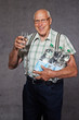 aged man with water bottles