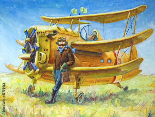 Illustration: The pilot and his fantastic two propeller retro airplane. The pilot and his fantastic two propeller retro airplane.