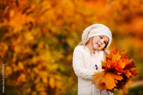 Photo: Cute little girl with autumn leaves in the park Cute little girl with autumn leaves in the park