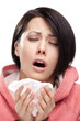 Sick woman holding wipe in her hands, isolated