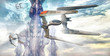 spaceship and futuristic city