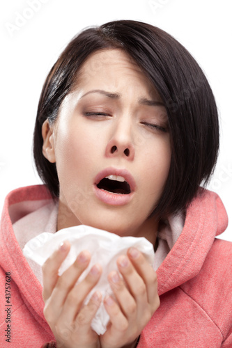 Photo: Sick woman holding wipe in her hands, isolated Sick woman holding wipe in her hands, isolated