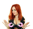 woman on white holding pink handcuffs