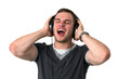 Young man Singing with headphones on head
