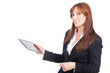 woman holding a portable computer and smiling