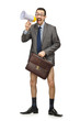 Naked man with loudspeaker on white