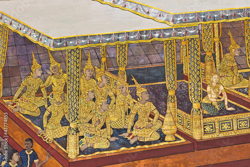 Photo: traditional thai style painting on temple wall traditional thai style painting on temple wall