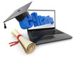 E-learning. Laptop, diploma and mortar board.