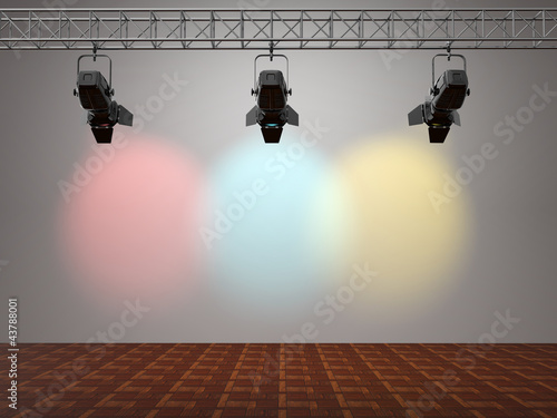 Illustration: Multicolor spotlights illuminated wall. Space for text Multicolor spotlights illuminated wall. Space for text