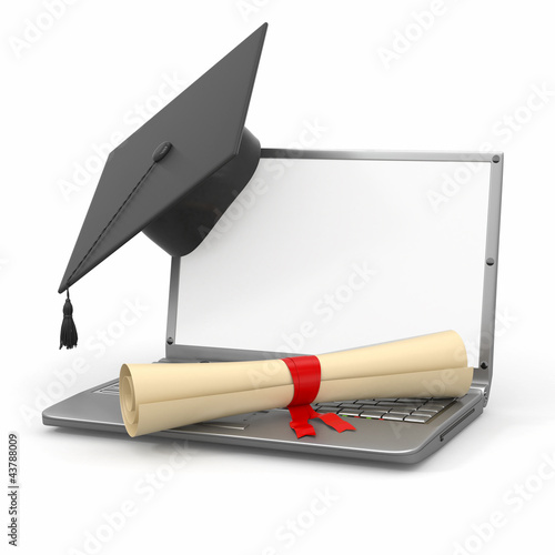 Illustration: E-learning graduation. Laptop, diploma and mortar board E-learning graduation. Laptop, diploma and mortar board