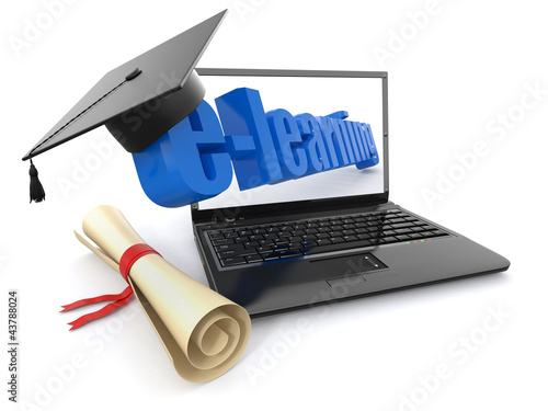 Illustration: E-learning. Laptop, diploma and mortar board. E-learning. Laptop, diploma and mortar board.