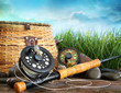Foto: Flly fishing equipment and basket Flly fishing equipment and basket