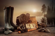 Foto: Fly fishing equipment on deck with view of a misty lake Fly fishing equipment on deck with view of a misty lake