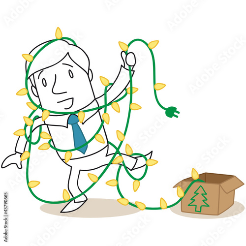 Vektor: Geschäftsmann, Lichterkette, chaotische Weihnachtsvorbereitungen Geschäftsmann, Lichterkette, chaotische Weihnachtsvorbereitungen