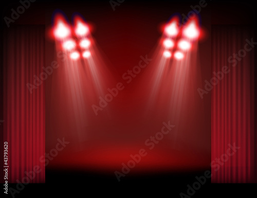 Vektor: Bright stage with spot lights, smoke and curtains. Template for Bright stage with spot lights, smoke and curtains. Template for