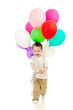 Photo: Jolly running child boy with bunch of colorful ballons in his ha Jolly running child boy with bunch of colorful ballons in his ha