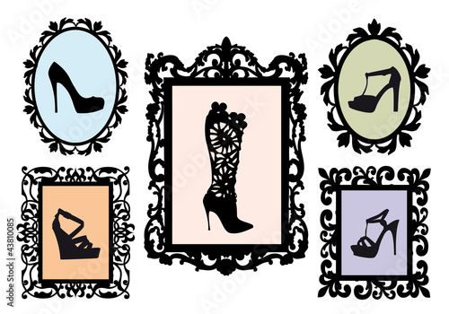 Vector: shoe silhouettes in antique frames, vector set shoe silhouettes in antique frames, vector set