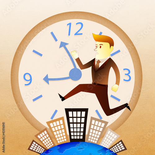 Illustration: Conceptual image - Business man run on building in rush hours Conceptual image - Business man run on building in rush hours