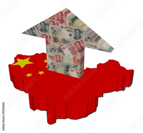 Illustration: Chinese yuan arrow on map flag illustration Chinese yuan arrow on map flag illustration