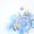 Vector: Hand drawn ship steering wheel, corals and tropical fishes Hand drawn ship steering wheel, corals and tropical fishes
