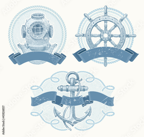 Vector: Nautical vector emblems with hand drawn elements Nautical vector emblems with hand drawn elements