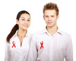 Couple using red for AIDS, isolated on white background