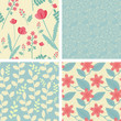 Four floral seamless patterns in light teal and red colors
