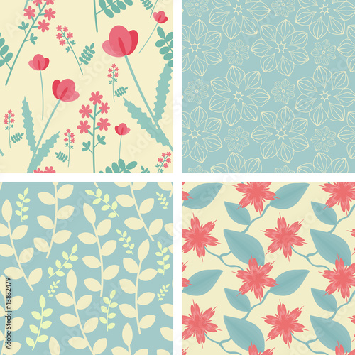 Vector: Four floral seamless patterns in light teal and red colors Four floral seamless patterns in light teal and red colors