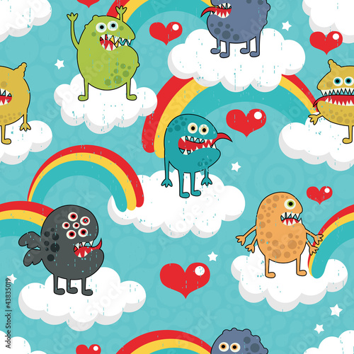 Vector: Cute monsters on clouds seamless texture. Cute monsters on clouds seamless texture.