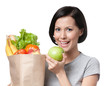 Portrait of girl eating an apple, isolated, white background