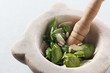 Making pesto with a mortar
