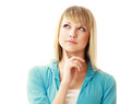 Photo: A thinking woman , isolated on white background A thinking woman , isolated on white background