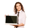 Photo: young smiling woman holding laptop young smiling woman holding laptop