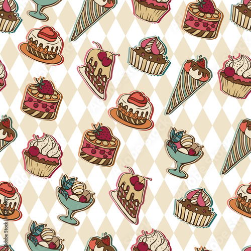 Vektor: Vector background with of cake in retro style. Seamless pattern. Vector background with of cake in retro style. Seamless pattern.
