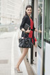 Woman boarding a bus
