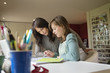 Girl studying with her mother at home