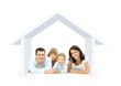 Photo: Happy family in a house. Isolated over a white backgroun Happy family in a house. Isolated over a white backgroun