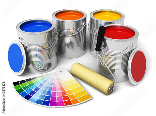 Illustration: Cans with color paint, roller brush and color guide Cans with color paint, roller brush and color guide