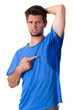 Photo: Man sweating very badly under armpit and pointing there Man sweating very badly under armpit and pointing there